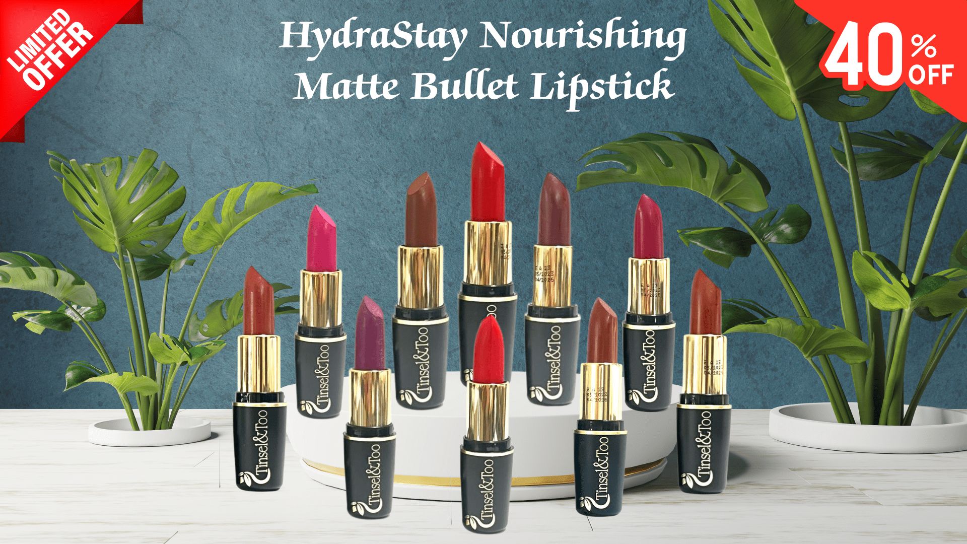 HydraStay Nourishing Matte Bullet Lipstick - By Tinsel and Too - Plant-based Clean Beauty Products at 40%Off